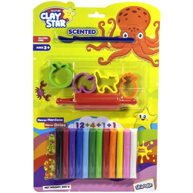 Skoodle Clay Star 200g. 12 Shades ||4 Moulds|| 1 Roller|| 1 Tool|| - Octopus