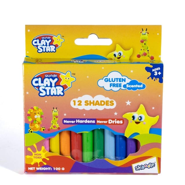 Skoodle Clay Star 100g. 12 Shades, Never Hardens Never Dries, Gluten Free, Non Toxic