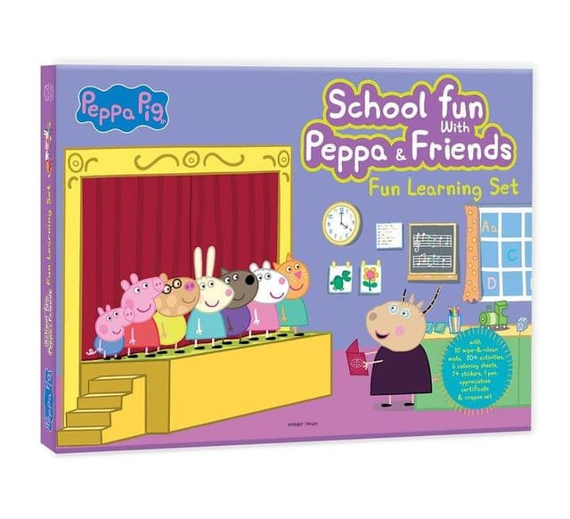 Peppa Pig - School Fun With Peppa & Friends : Fun Learning Set (With Wipe And Clean Mats, Coloring Sheets, Stickers, Appreciation Certificate, Crayon Set And Pen)