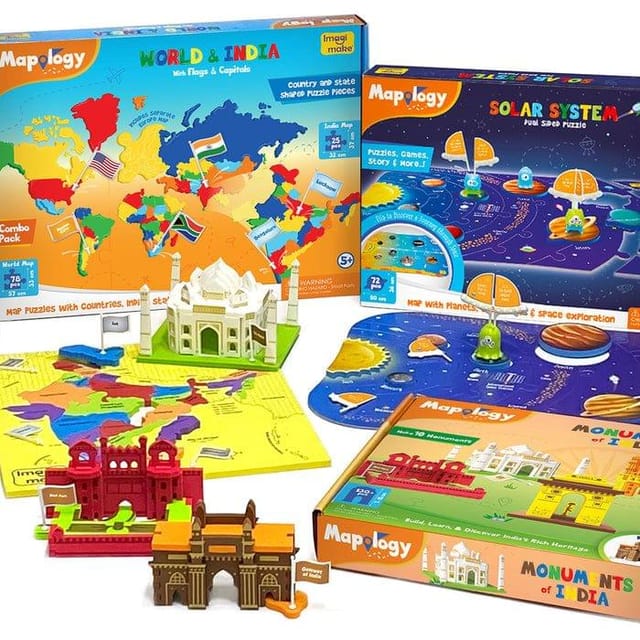 Mapology Ultimate Combo: India & World Map Puzzle, Solar System Puzzle & Monument of India Construction Set