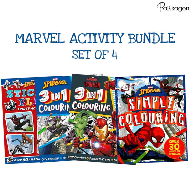 Marvel Activity Bundle Set of 4 books of Iron Man Spider Man 3 in 1 Colouring Sticker Play Paperback Parragon